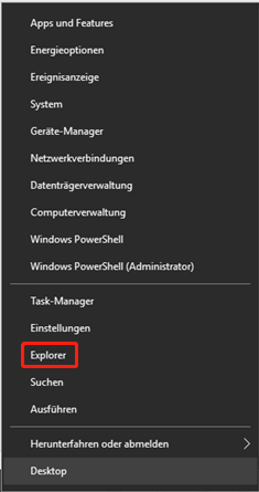 Klicken Sie mit der rechten Maustaste auf das Windows-Symbol auf Ihrem Desktop und klicken Sie dann im Popup-Menü auf Explorer, um es zu öffnen.