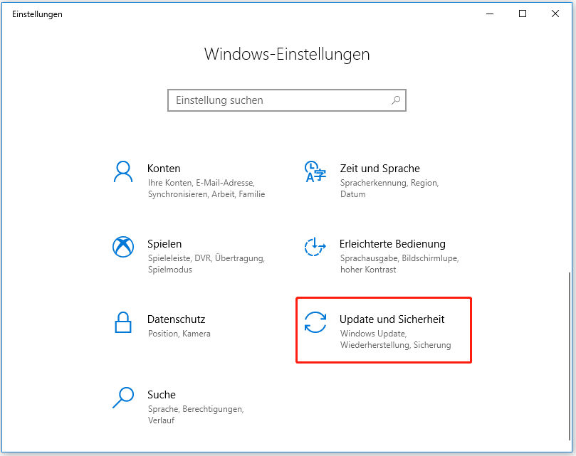 Öffnen Sie die Einstellungen, indem Sie die Tasten Windows und I drücken, und klicken Sie dann auf die Taste Update und Sicherheit.
