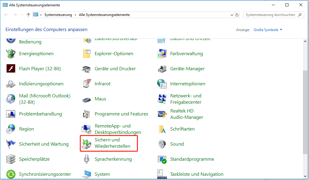  Klicken Sie auf Sichern und Wiederherstellen (Windows 7)