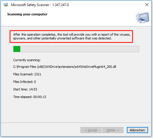 Jetzt durchsucht Microsoft Safety Scanner Ihr USB-Laufwerk nach dem Virus.