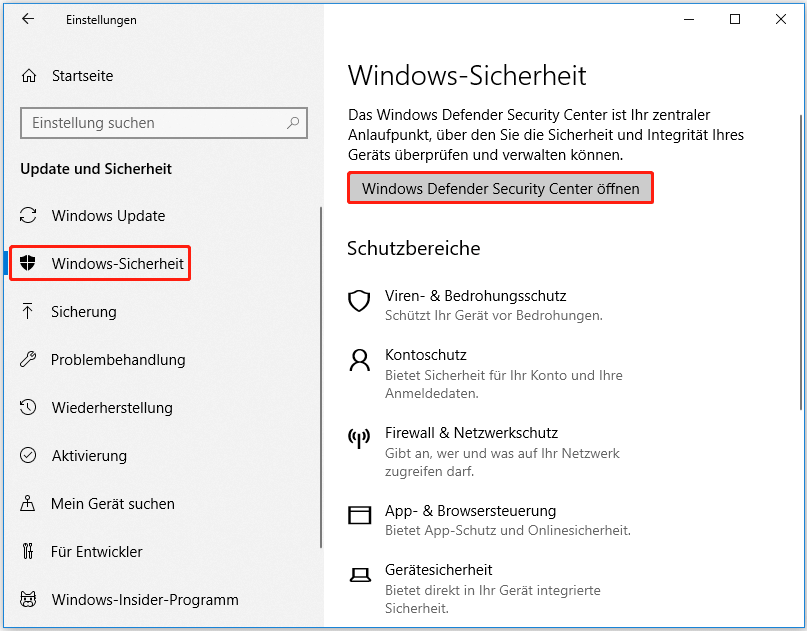  Klicken Sie auf Windows-Sicherheit und öffnen Sie das Windows Defender Security Center.