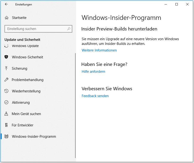 Upgrade auf eine neue Windows-Version, um Insider-Builds zu erhalten