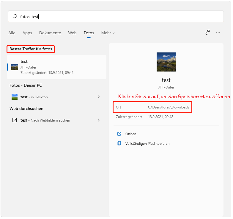 Sie können die Speicherort der Datei im rechten Teil der Benutzeroberfläche finden.