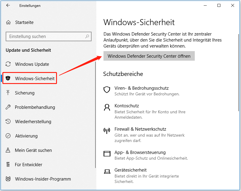 Öffnen die die Windows-Sicherheit und dann klicken Sie auf Windows Defender Secutrity Center öffnen