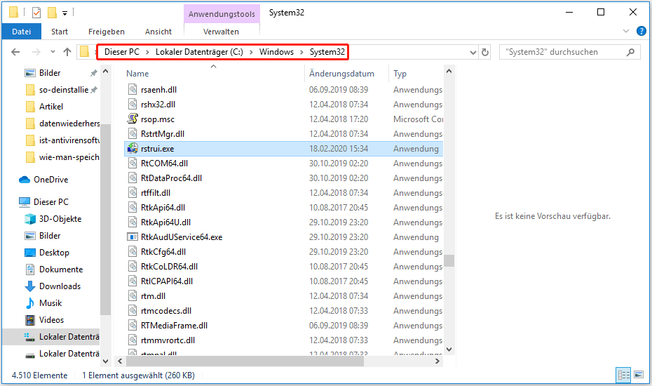 Rstrui.exe im Windows 10 Datei-Explorer