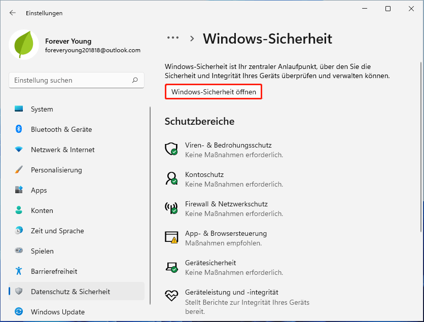 Wählen Sie die Option Windows 11-Sicherheit öffnen