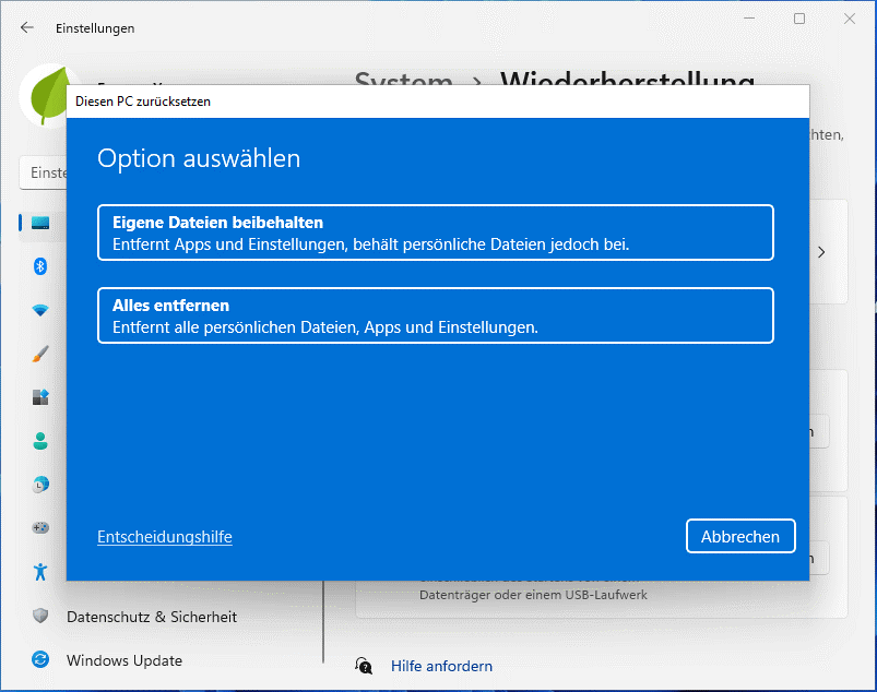 Windows 11 Diesen PC zurücksetzen