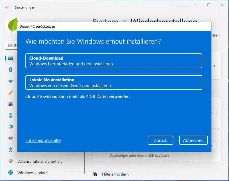 Setzen Sie diesen PC zurück und installieren Sie Windows 11 neu