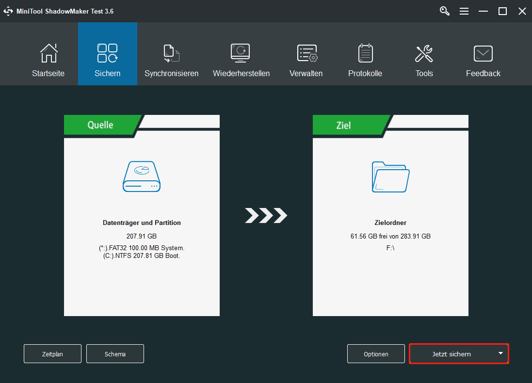 MiniTool ShadowMaker sichert Dateien in Vista