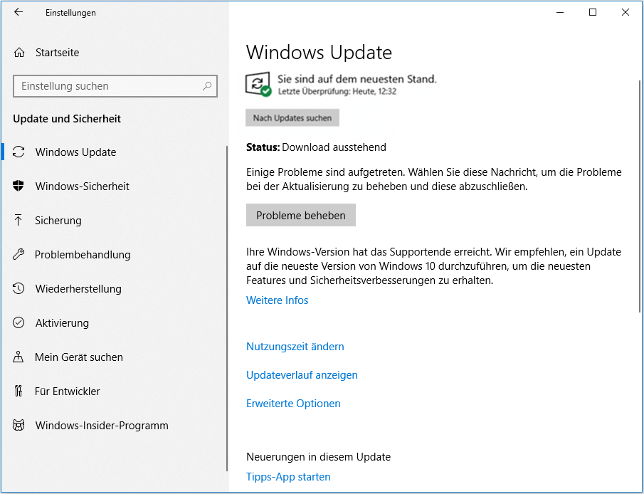 Nach Updates in Windows 10 suchen
