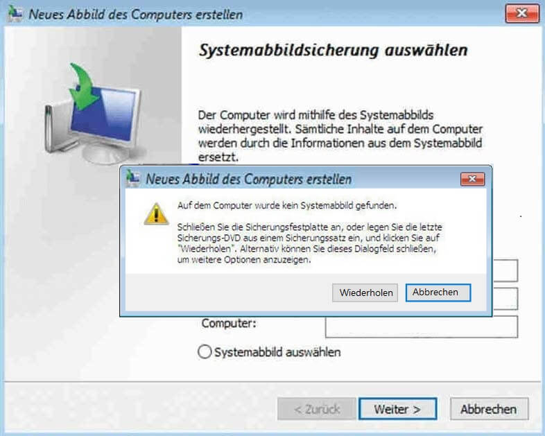 Windows kann das Systemabbild auf diesem Computer nicht finden