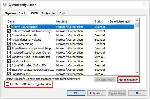 Alle Microsoft-Dienste in der Systemkonfiguration ausblenden