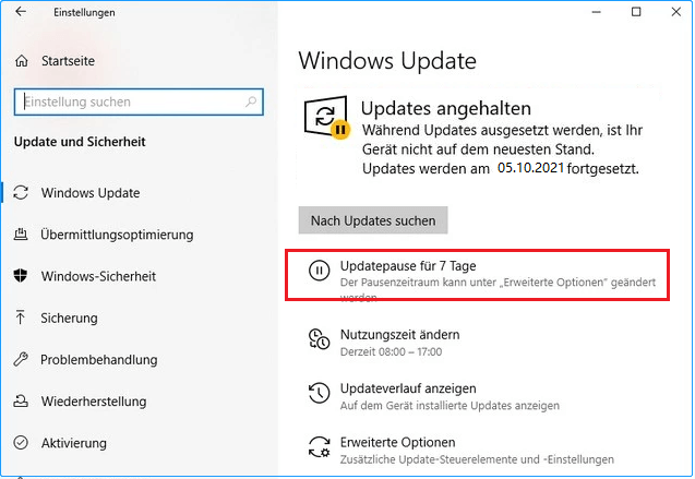 Pausiere Updates für 7 Tage unter Windows 10