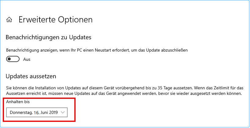 Pausiere Updates für bis zu 35 Tage unter Windows 10