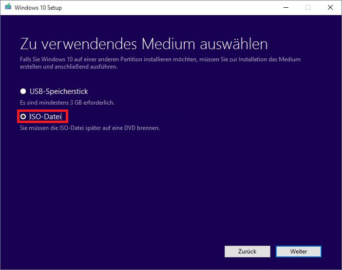 Wählen Sie die ISO-Datei aus dem Windows 10-Medienerstellungstool aus