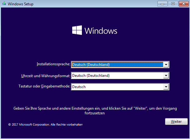 Klicken Sie auf Weiter, wenn Sie Windows Setup sehen