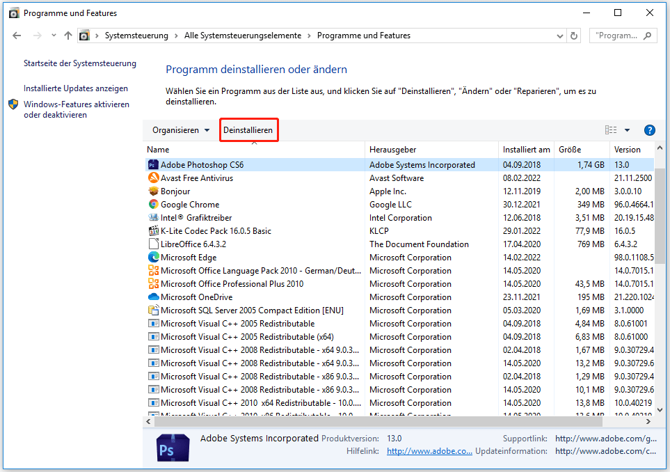 Programm in der Systemsteuerung von Windows 11 deinstallieren