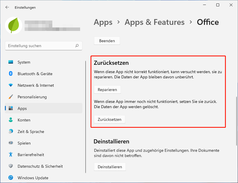 Reparieren oder Zurücksetzen einer App unter Windows 11