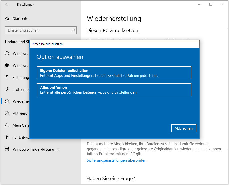 Windows 10 PC zurücksetzen