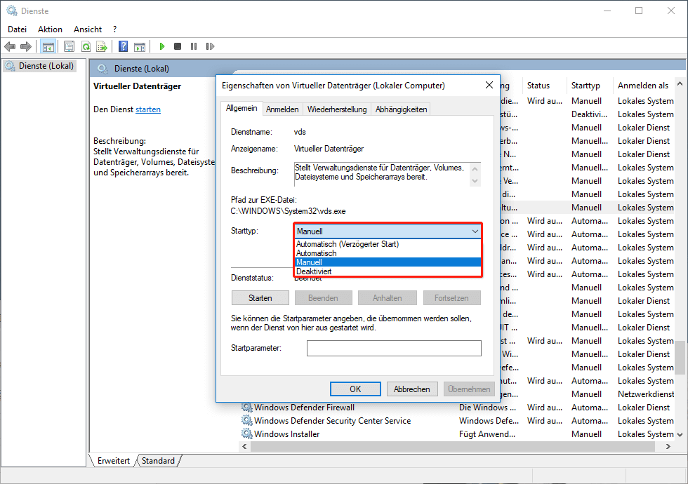 Aktivieren Sie den Virtual Disk-Dienst im Windows-Dienste-Manager