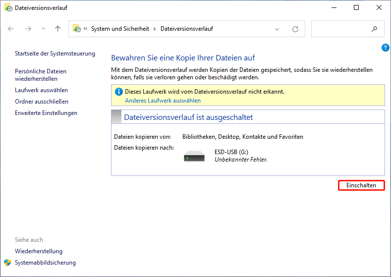 Windows 11 Dateiversionsverlauf Es wurde kein verwendbares Laufwerk gefunden