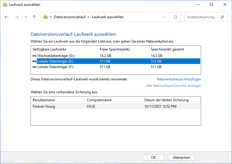 Wählen Sie unter Windows 11 ein Dateiversionsverlaufslaufwerk aus