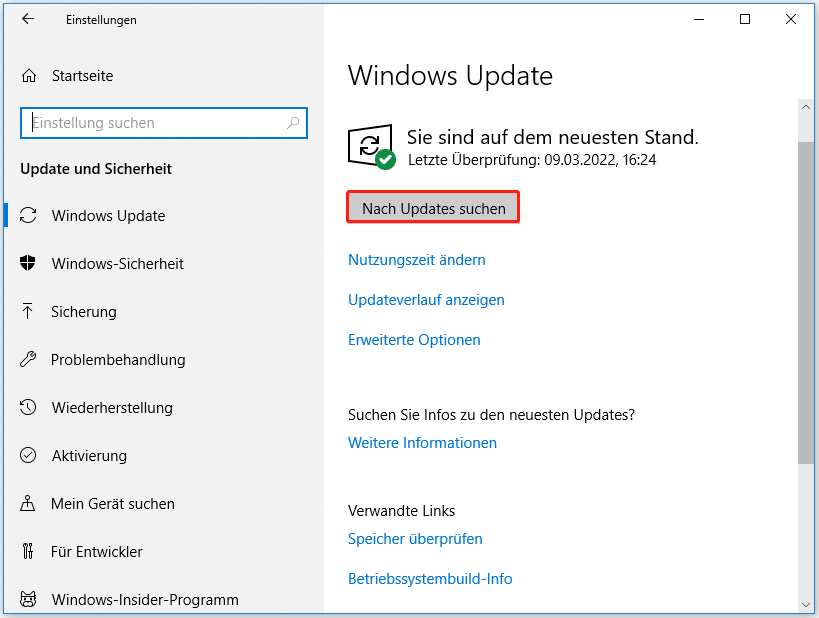Klicken Sie auf Nach Updates suchen in Windows 10
