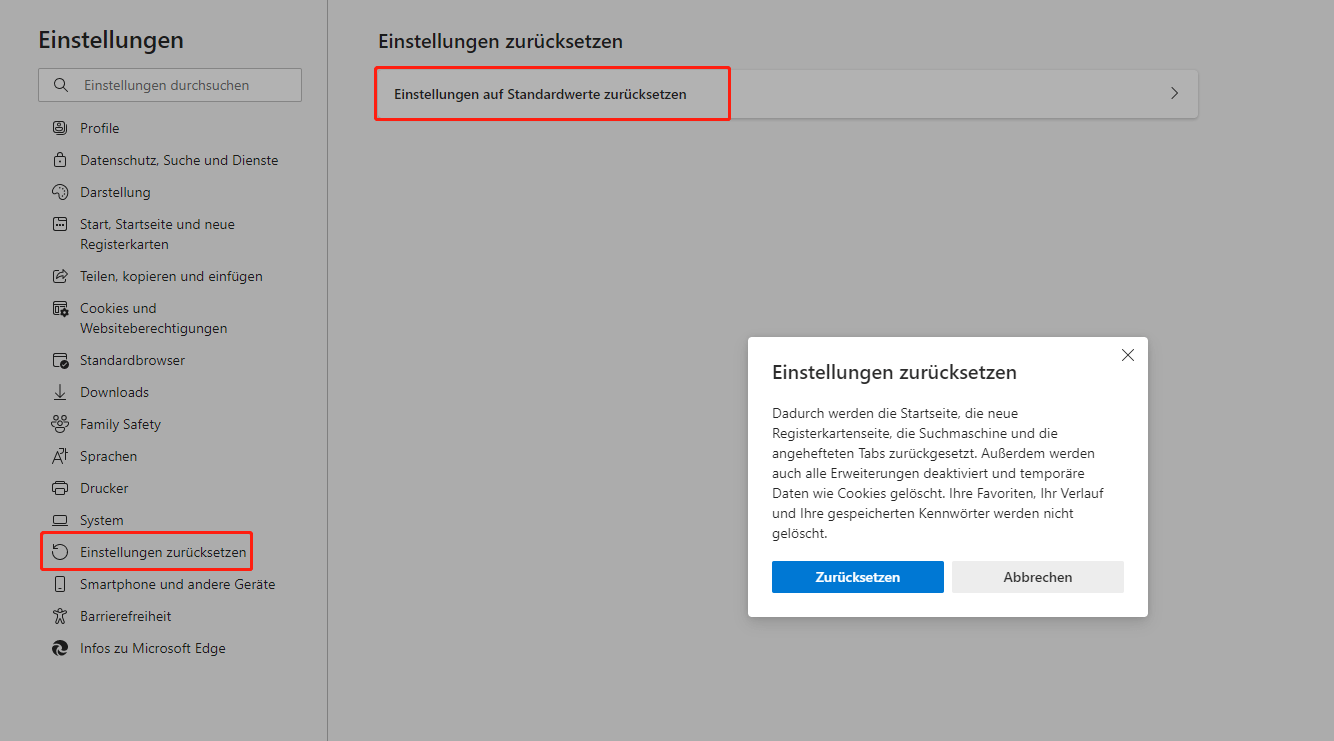 Microsoft Edge auf die Standardeinstellungen zurücksetzen