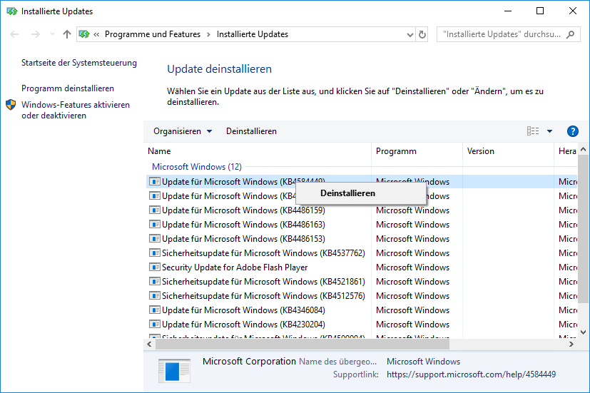 Deinstallieren Sie Windows Update