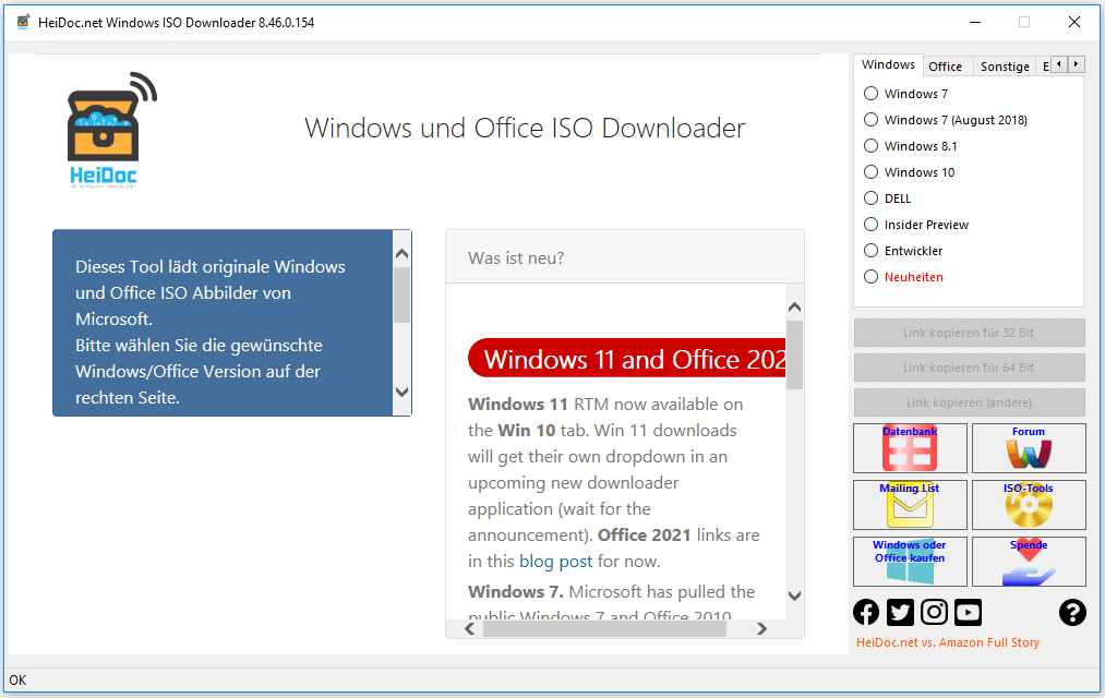 Hauptschnittstelle von Windows ISO Downloader