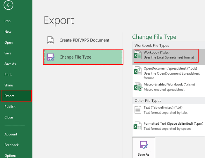 ändern Sie den Excel-Dateityp