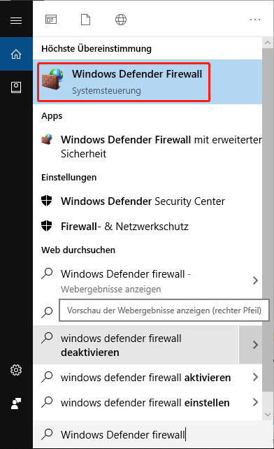 Öffnen Sie die Windows Defender-Firewall