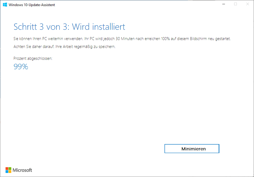 Der Windows 10 Update-Assistent bleibt bei 99 % hängen