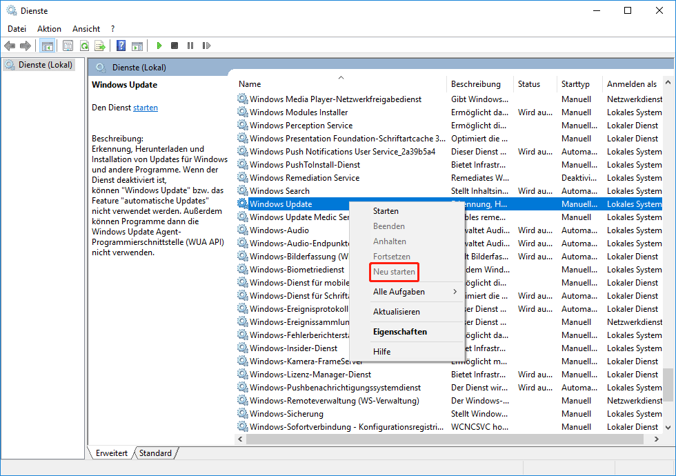 Starten Sie den Windows Update-Dienst neu