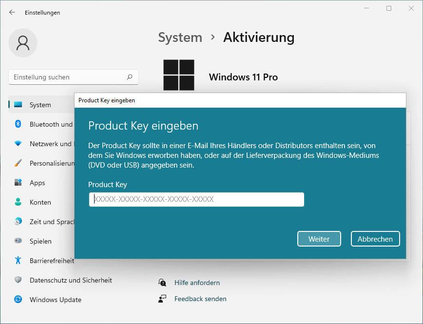 Verwenden Sie einen Produktschlüssel, um Windows 11 zu aktivieren
