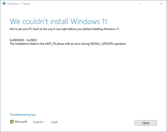 Windows 11-Installation fehlgeschlagen Fehler 0x800F0830-0x20003