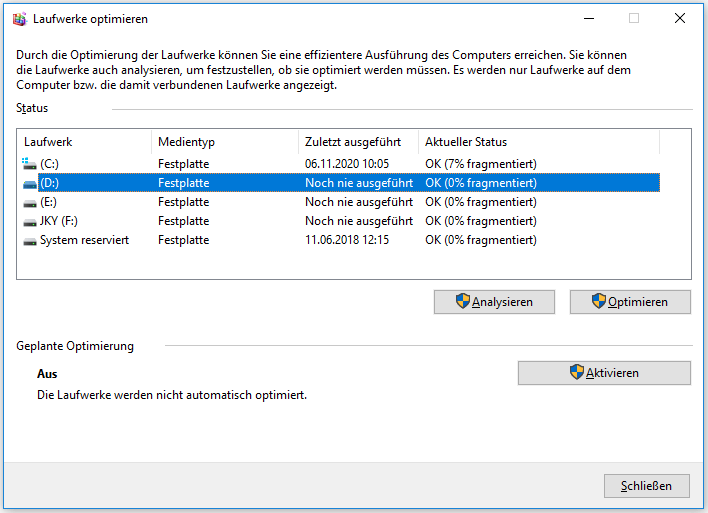 Windows 10 defragmentieren