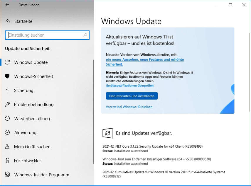 Upgrade auf Windows 11 über Windows Update