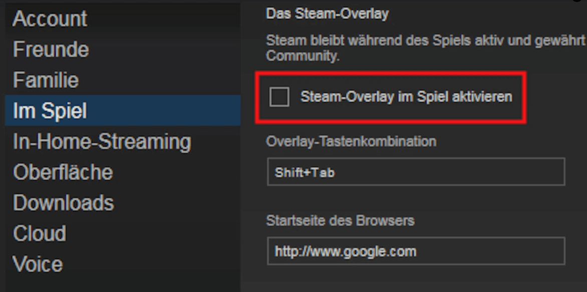 Steam-Overlay im Spiel aktivieren