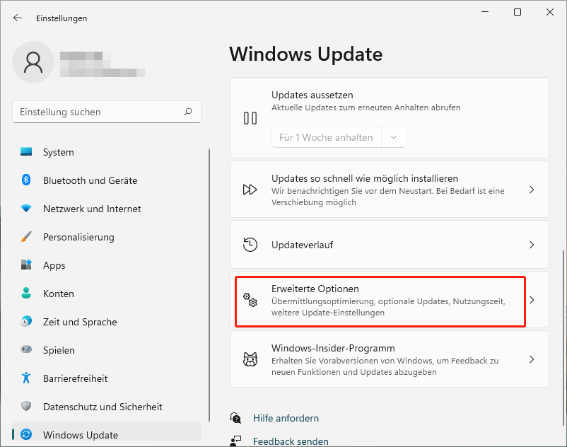 Klicken Sie in Windows Update auf Erweiterte Optionen
