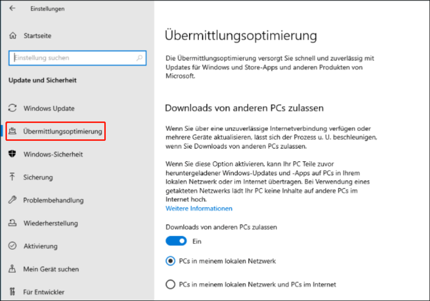 SET ERGEBNEN Downloads von anderen PCs unter Windows 10