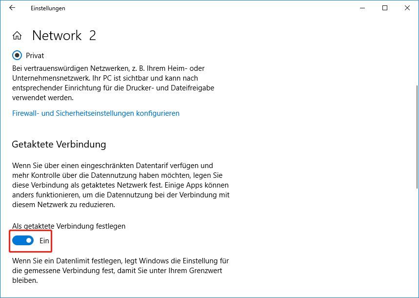 Schalten Sie die Getaktete Verbindung unter Windows 10 ein
