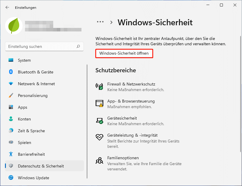 Klicken Sie auf Windows-Sicherheit öffnen