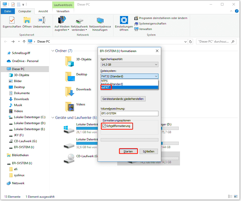 Formatieren einer SD-Karte oder eines USB-Laufwerks über den Datei-Explorer