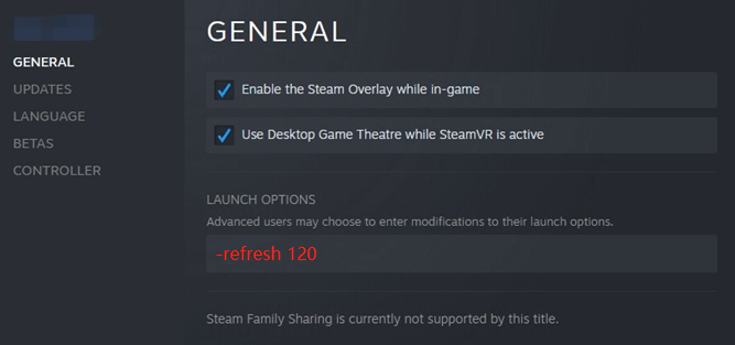 Geben Sie refresh 120 in den Steam-Startoptionen ein.