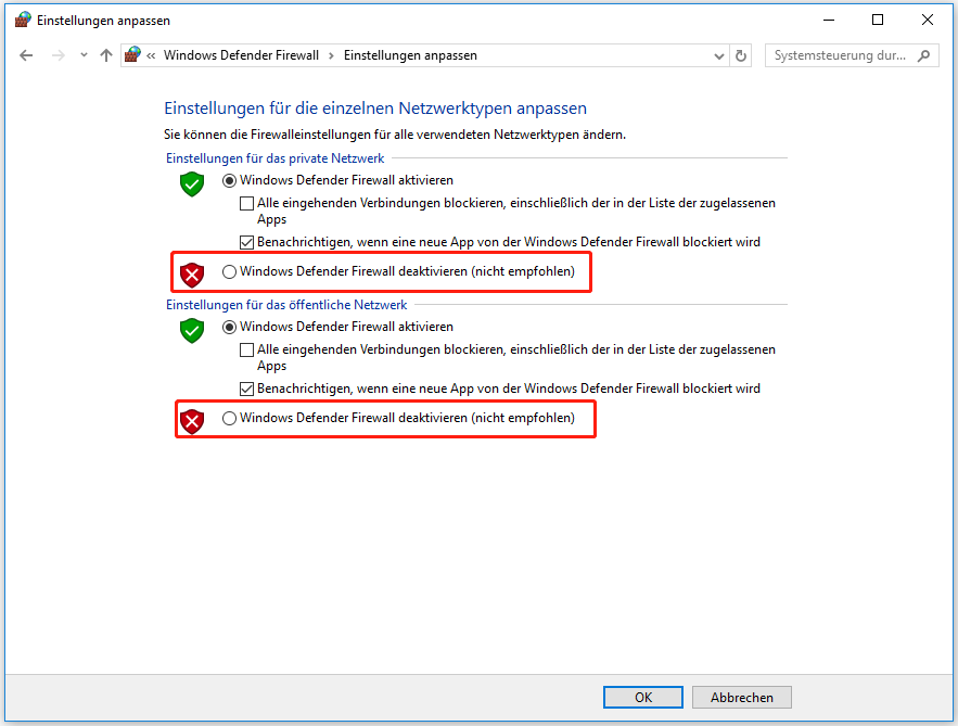 Windows Defender Firewall deaktivieren (nicht empfohlen)
