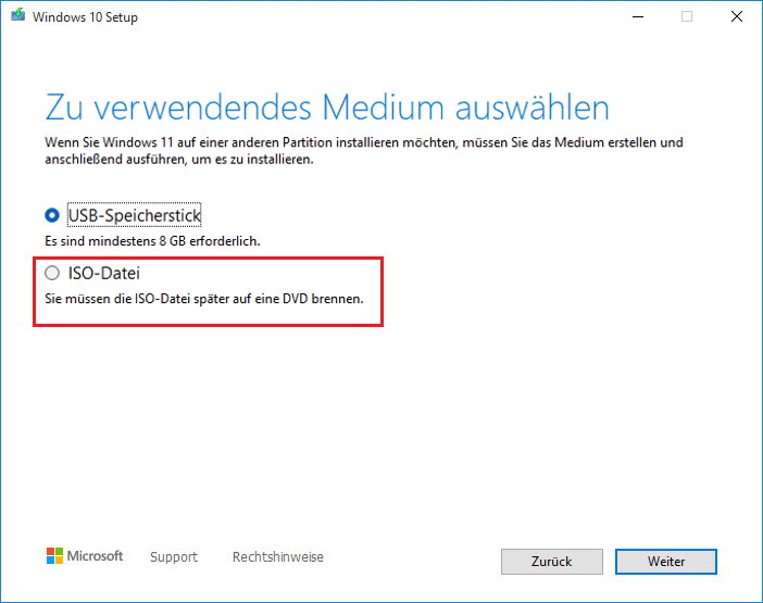 ISO-Datei zum Herunterladen in Windows 10 Setup auswählen