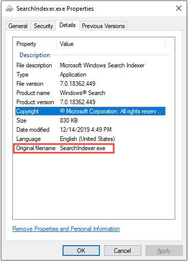 die Eigenschaften von Microsoft Windows Search Indexer