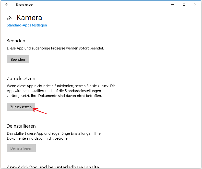 Kamera zurücksetzen Windows 10