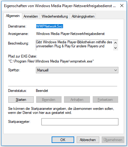 Windows Media Player Netzwerkfreigabedienst